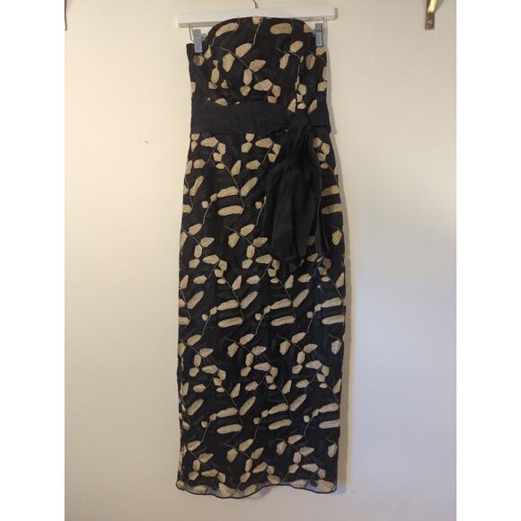 RTR Sz 4 Shoshanna Valerie Black Gold Leaf Strapless Bow Waist Midi Dress - Picture 4 of 9